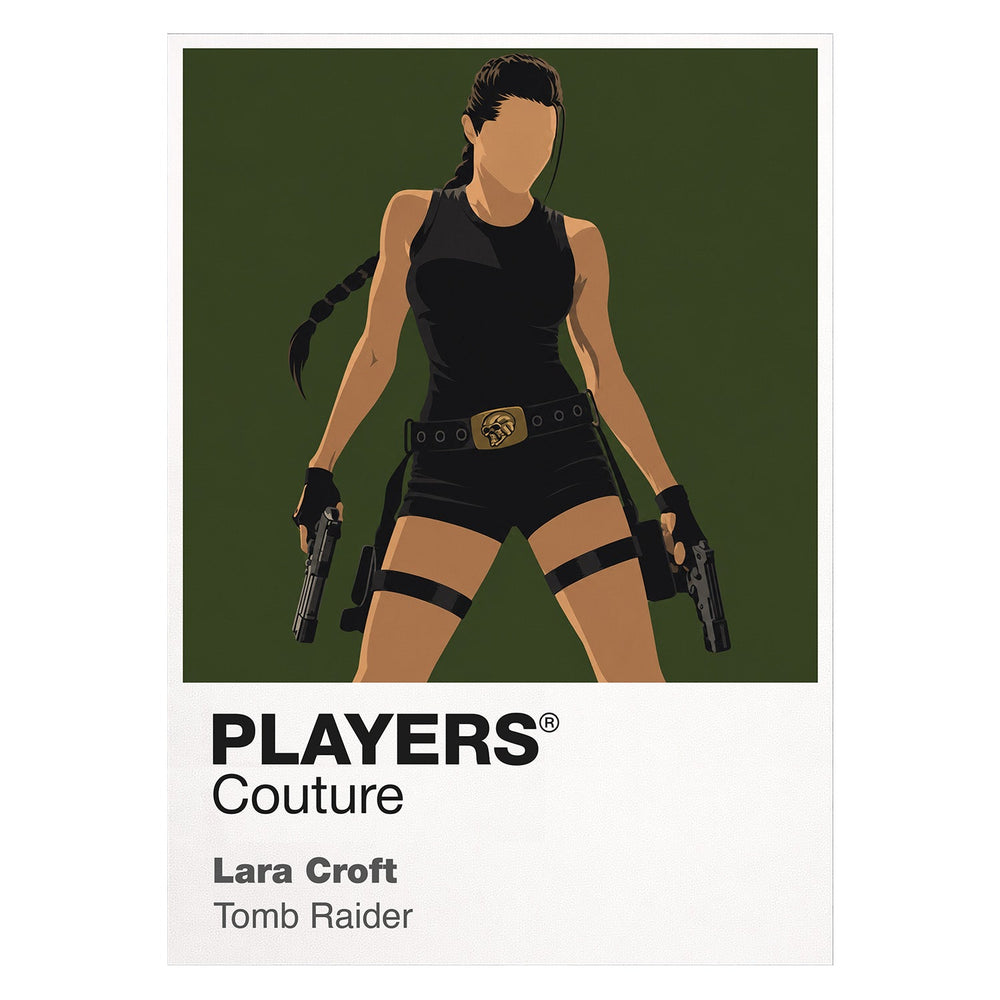Lara Croft Lara Croft in explorer gear with twin holsters against an ancient temple silhouette Icon Frame artwork on white