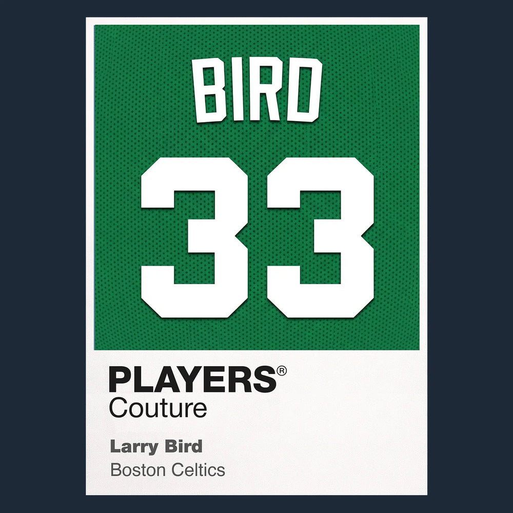 Larry Bird 33 Jersey Frame Men's T-Shirt – navy close-up detail shot of the Larry Bird 33 Players Couture logo design