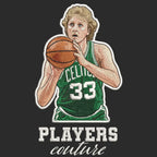 Larry Bird Badge Men's Hoodie – black close-up detail shot of the Larry Bird Players Couture logo design