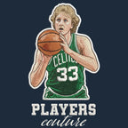 Larry Bird Badge Men's Hoodie – navy close-up detail shot of the Larry Bird Players Couture logo design
