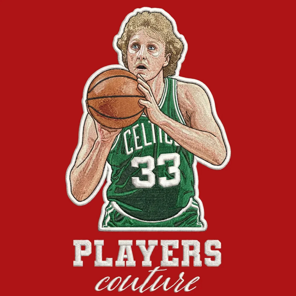 Larry Bird Badge Men's Hoodie – red close-up detail shot of the Larry Bird Players Couture logo design