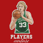 Larry Bird Badge Men's Hoodie – red close-up detail shot of the Larry Bird Players Couture logo design