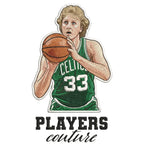Larry Bird Badge Men's Hoodie – white close-up detail shot of the Larry Bird Players Couture logo design