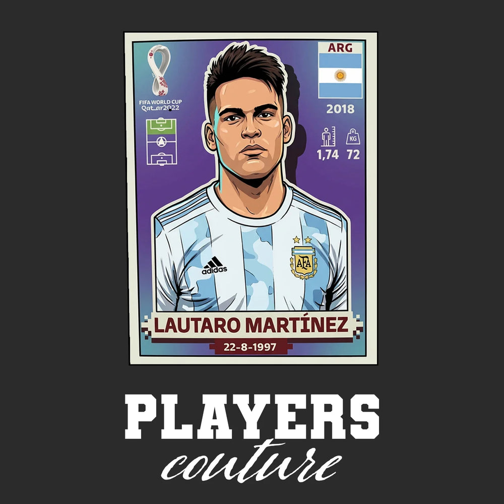Lautaro Martinez World Cup Sticker Men's T-Shirt – black close-up detail shot of the Lautaro Martinez World Cup Players