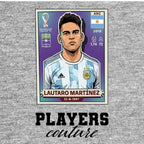 Lautaro Martinez World Cup Sticker Men's T-Shirt – grey close-up detail shot of the Lautaro Martinez World Cup Players