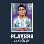 Lautaro Martinez World Cup Sticker Men's T-Shirt – navy close-up detail shot of the Lautaro Martinez World Cup Players