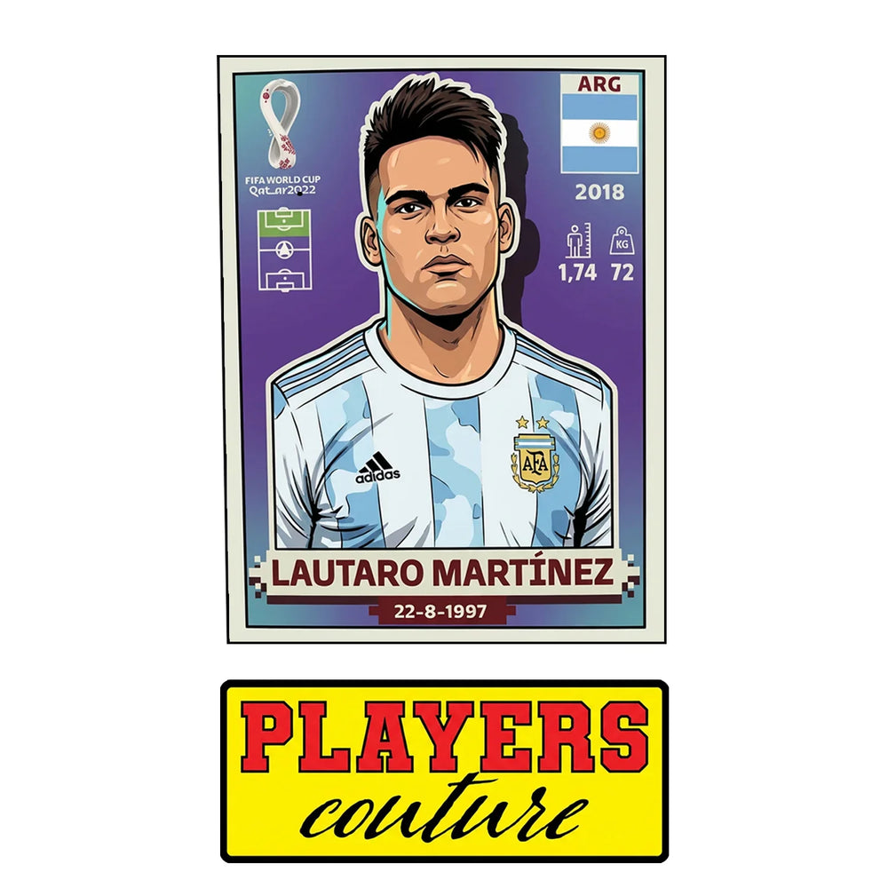 Lautaro Martinez World Cup Sticker Men's T-Shirt – close-up detail shot of the Lautaro Martinez World Cup Players Couture
