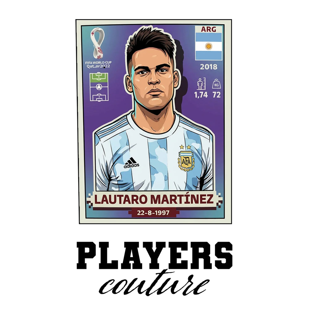Lautaro Martinez World Cup Sticker Men's T-Shirt – white close-up detail shot of the Lautaro Martinez Players Couture logo