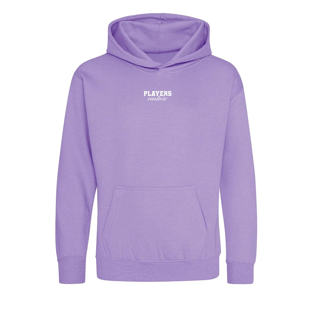 Essentials Collection hoodie – white kids' hoodie with black Essentials Collection letters and Players Couture logo on the