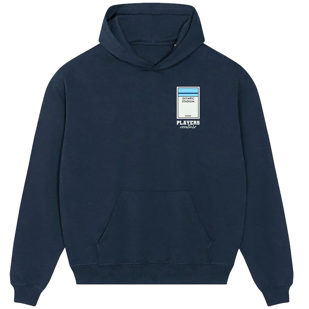 Lazio Monopoly Card hoodie – red men's hoodie with white Lazio Monopoly Card letters and Players Couture logo on the chest