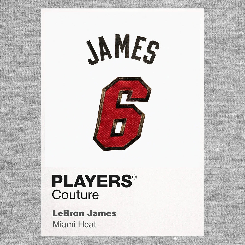 LeBron James 6 Heat Jersey Frame Men's T-Shirt – grey close-up detail shot of the LeBron James 6 Heat Players Couture logo