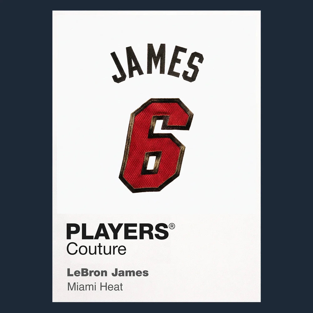 LeBron James 6 Heat Jersey Frame Men's T-Shirt – navy close-up detail shot of the LeBron James 6 Heat Players Couture logo