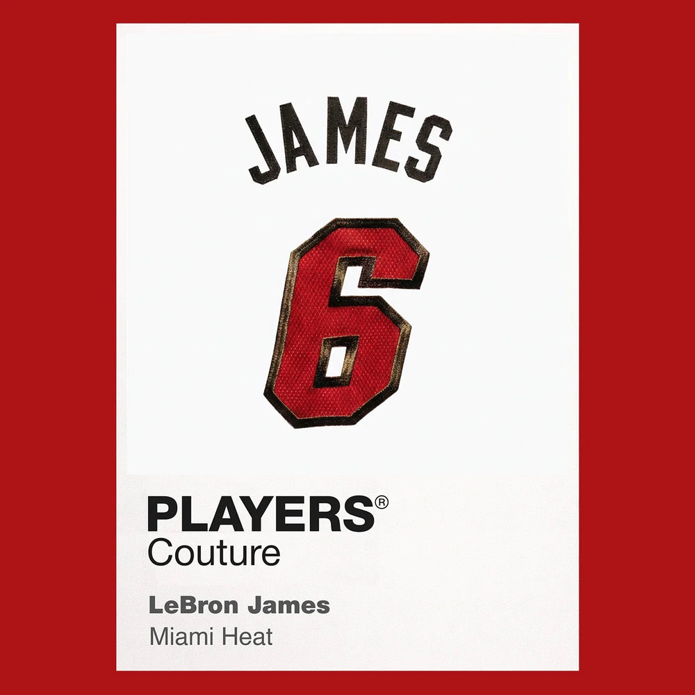 LeBron James 6 Heat Jersey Frame Men's T-Shirt – red close-up detail shot of the LeBron James 6 Heat Players Couture logo