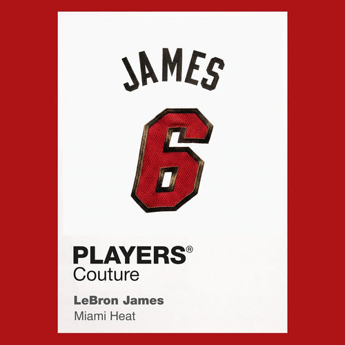 LeBron James 6 Heat Jersey Frame Men's T-Shirt – red close-up detail shot of the LeBron James 6 Heat Players Couture logo