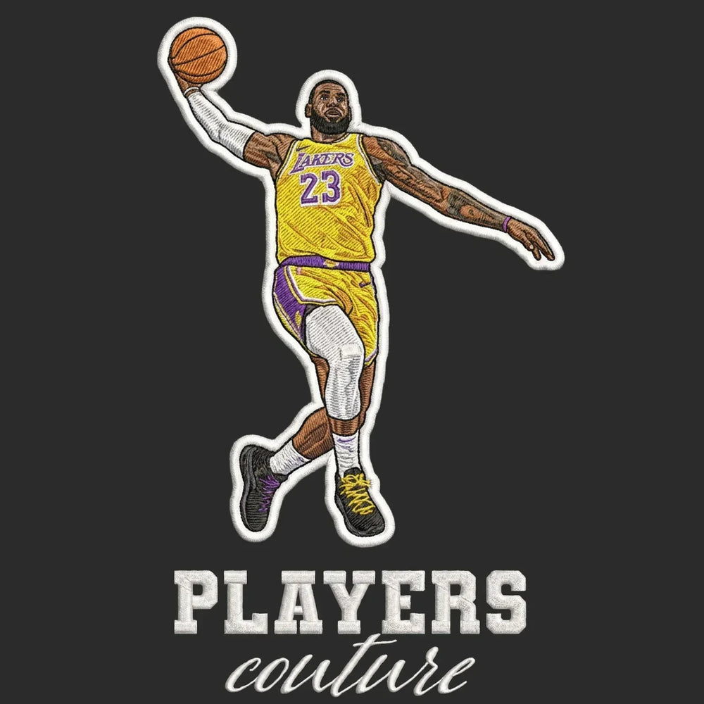 LeBron James Badge Men's Hoodie – black close-up detail shot of the LeBron James Players Couture logo design