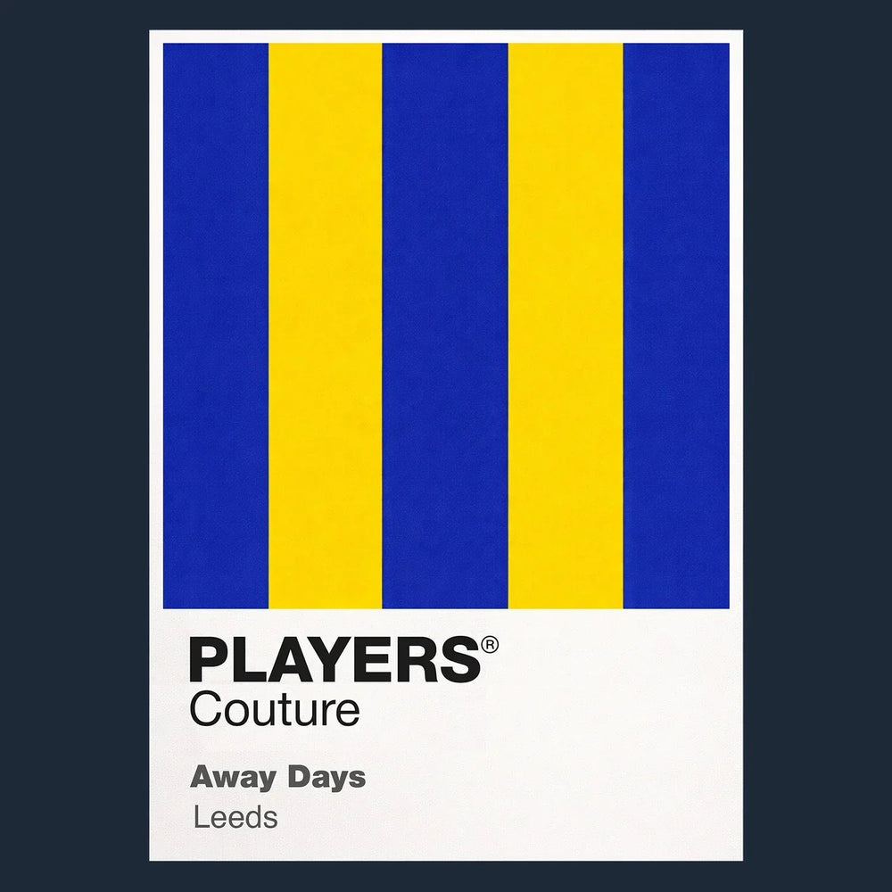 Leeds Away Classic Football Shirt Colours Frame Men's T-Shirt – navy close-up detail shot of the Leeds Away Players Couture
