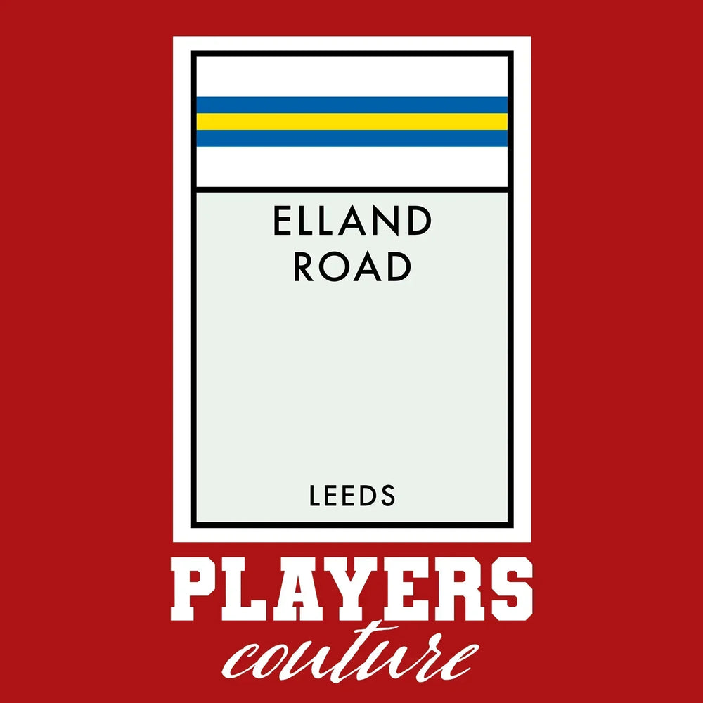 Leeds United Monopoly Card hoodie – red men's hoodie with white Leeds United Monopoly Card letters and Players Couture logo
