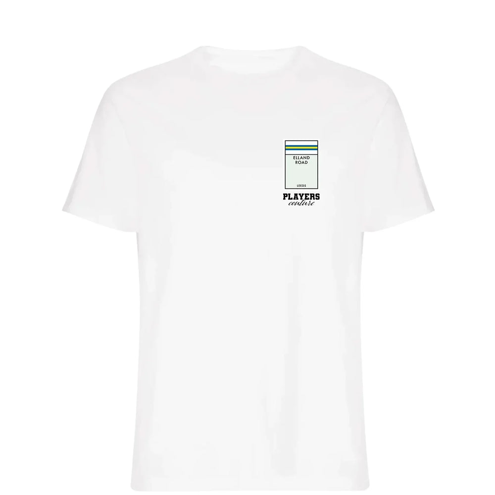 Leeds United Monopoly Card t-shirt – navy men's t-shirt with white Leeds United Monopoly Card letters and Players Couture