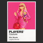 Legally Blonde Elle Woods in signature pink carrying law books and Bruiser towards Harvard Icon Frame artwork in black