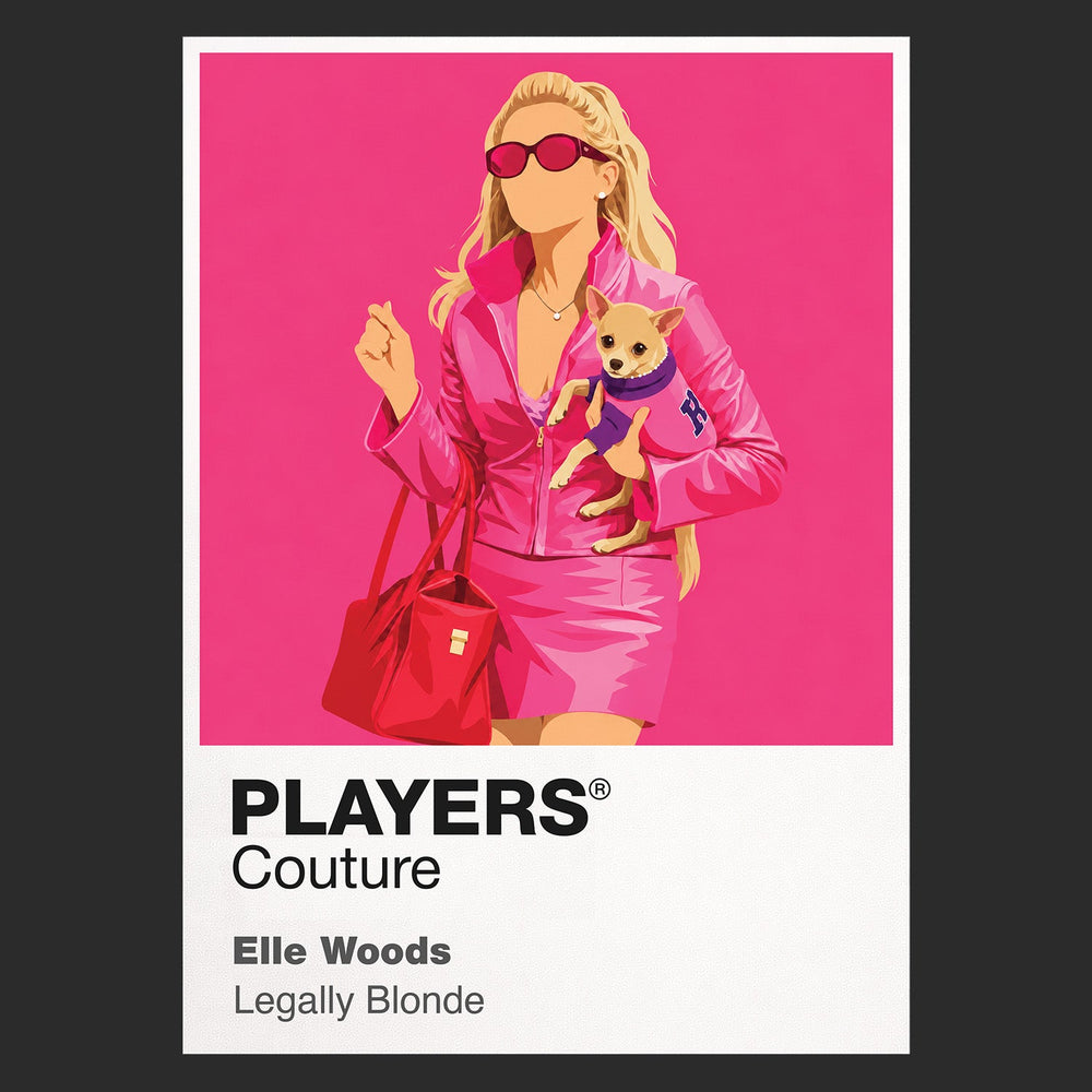 Legally Blonde Elle Woods in signature pink carrying law books and Bruiser towards Harvard Icon Frame artwork in black