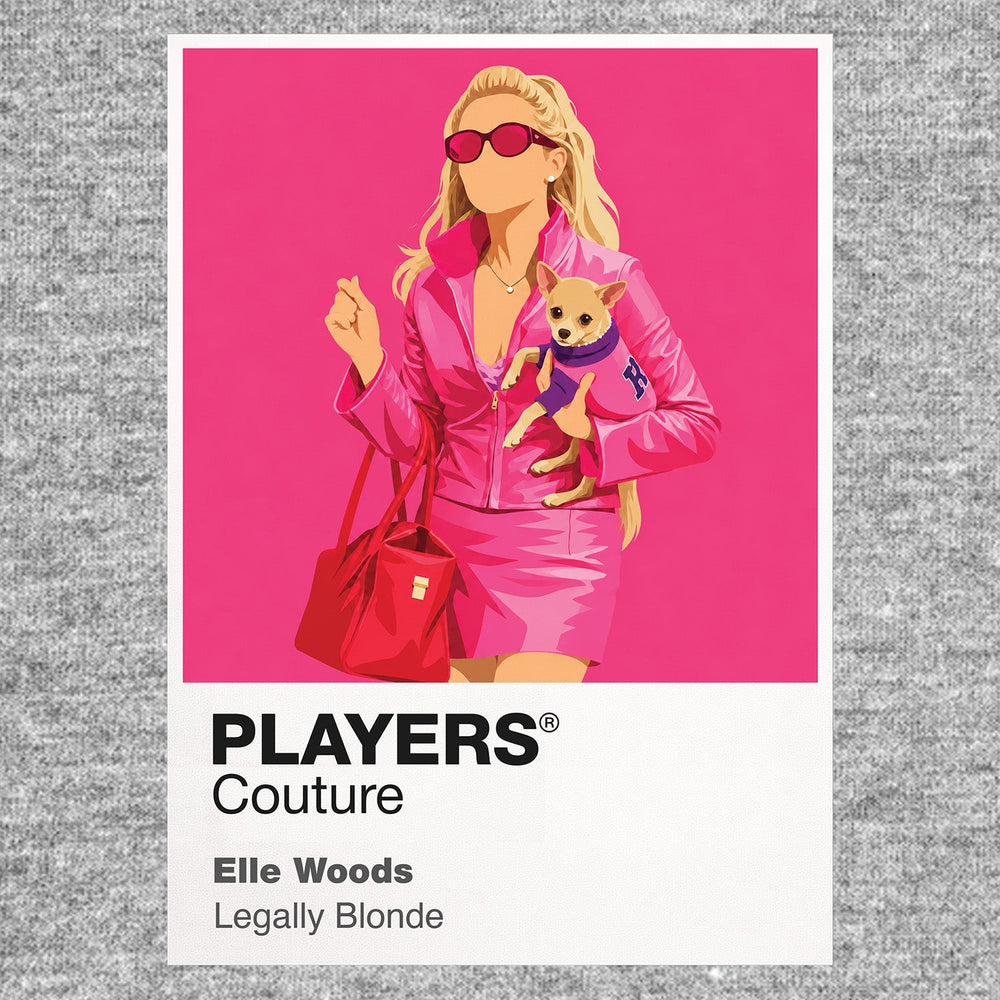 Legally Blonde Elle Woods in signature pink carrying law books and Bruiser towards Harvard Icon Frame artwork in grey