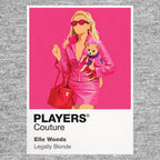 Legally Blonde Elle Woods in signature pink carrying law books and Bruiser towards Harvard Icon Frame artwork in grey