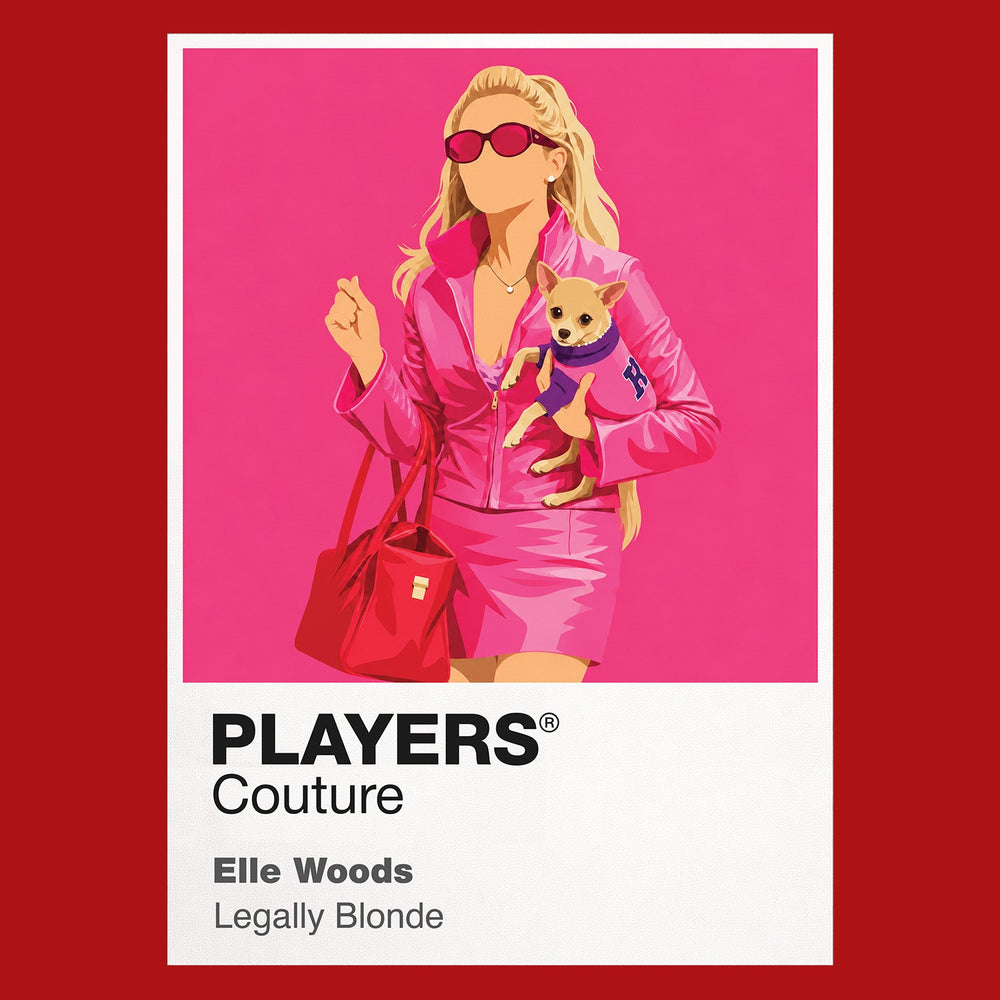 Legally Blonde Elle Woods in signature pink carrying law books and Bruiser towards Harvard Icon Frame artwork in red