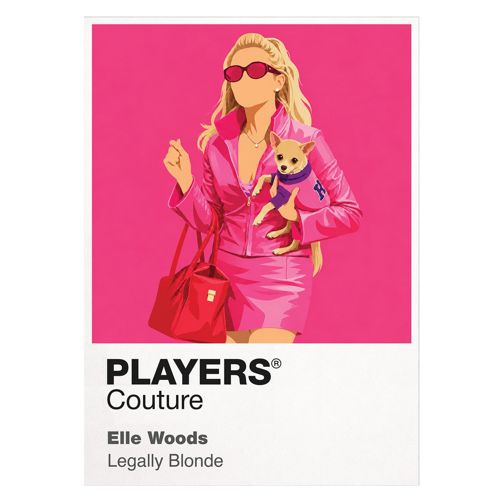 Legally Blonde Elle Woods in signature pink carrying law books and Bruiser towards Harvard Icon Frame artwork on white