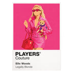 Legally Blonde Elle Woods in signature pink carrying law books and Bruiser towards Harvard Icon Frame artwork on white