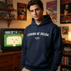 Legend of Zelda hoodie – navy men's hoodie with white Legend of Zelda letters and Players Couture logo on the chest