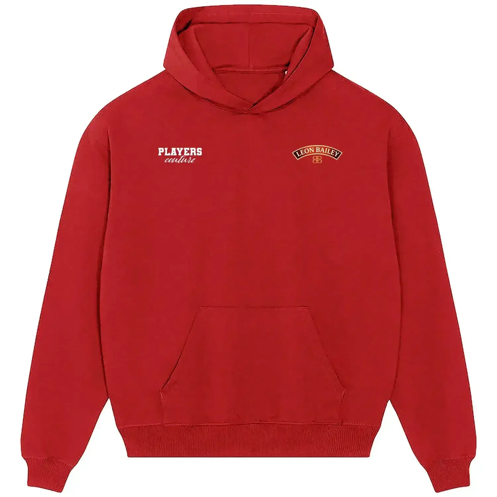 Leon Bailey hoodie – red men's hoodie featuring the Leon Bailey Players Couture logo