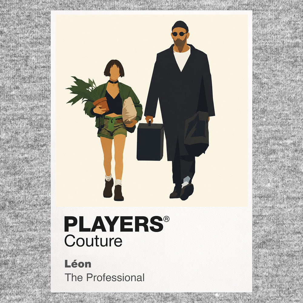 Léon and Mathilda Léon and Mathilda walking together with dark coats, round glasses and the treasured plant Icon Frame artwork in grey