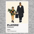 Léon and Mathilda Léon and Mathilda walking together with dark coats, round glasses and the treasured plant Icon Frame artwork in grey