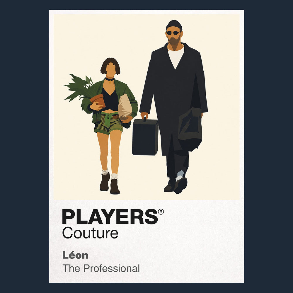 Léon and Mathilda Léon and Mathilda walking together with dark coats, round glasses and the treasured plant Icon Frame artwork in navy