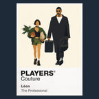 Léon and Mathilda Léon and Mathilda walking together with dark coats, round glasses and the treasured plant Icon Frame artwork in navy