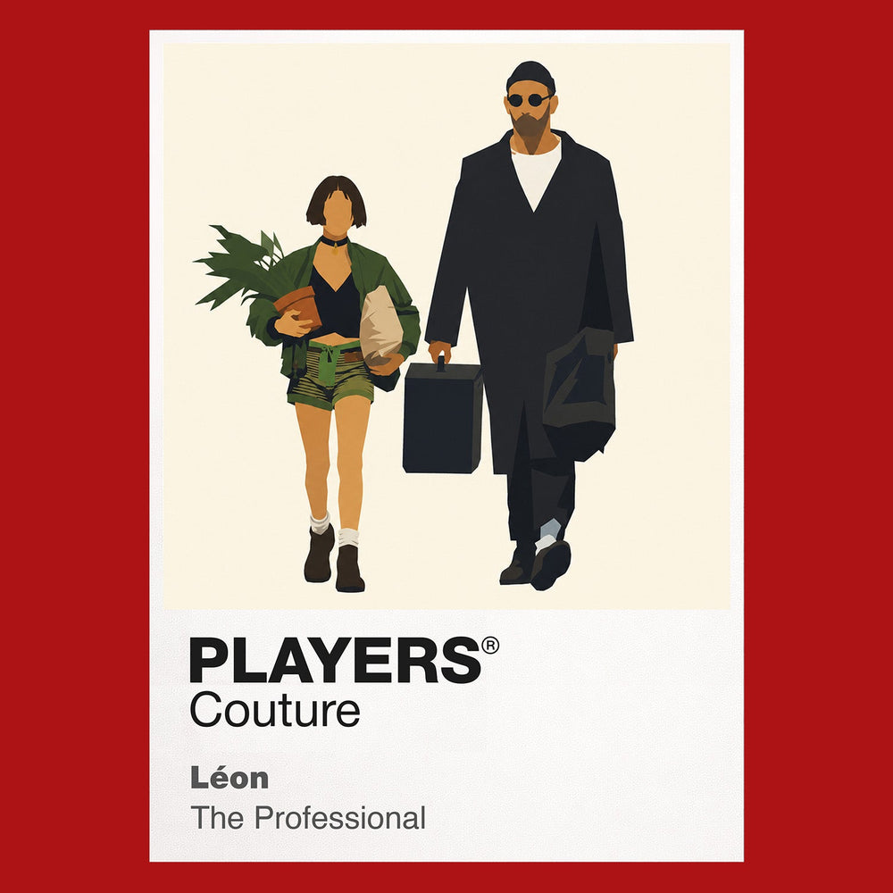 Léon and Mathilda Léon and Mathilda walking together with dark coats, round glasses and the treasured plant Icon Frame artwork in red