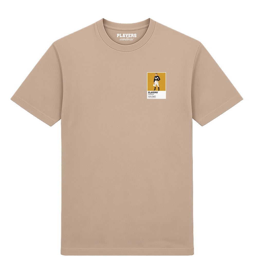 Lester Piggott horse racing T-shirt – mens desert sand tshirt view