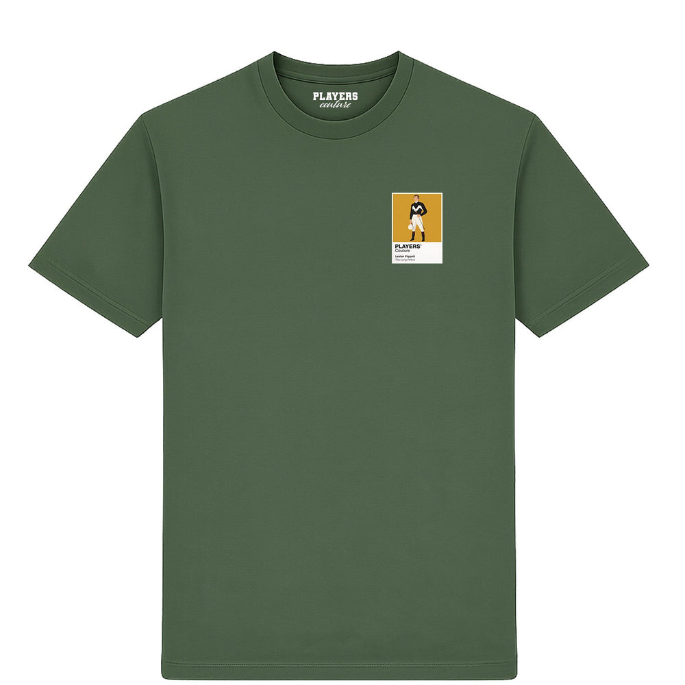 Lester Piggott horse racing T-shirt – mens earthy green tshirt view