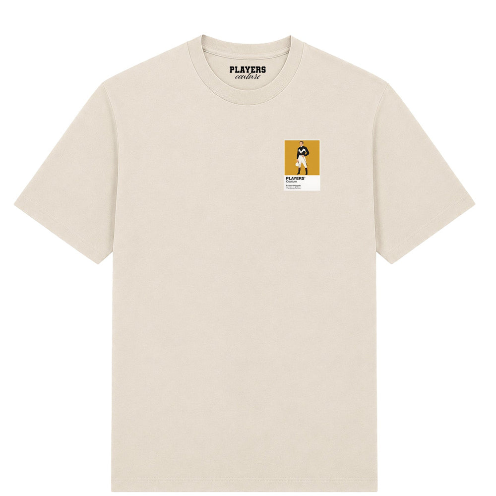 Lester Piggott horse racing T-shirt – mens stone tshirt view