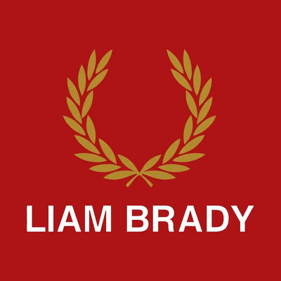 Liam Brady Logo Men's T-Shirt – red close-up detail shot of the Liam Brady Players Couture logo design