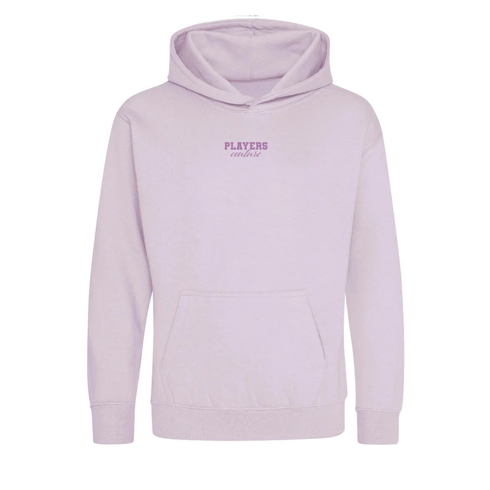 Essentials Collection hoodie – white kids' hoodie with black Essentials Collection letters and Players Couture logo on the