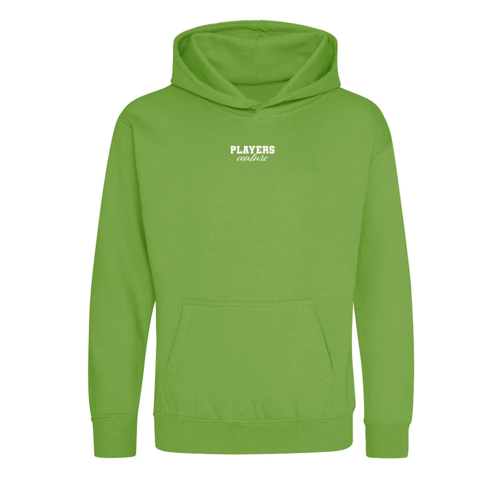 Essentials Collection hoodie – green kids' hoodie with white Essentials Collection letters and Players Couture logo on the