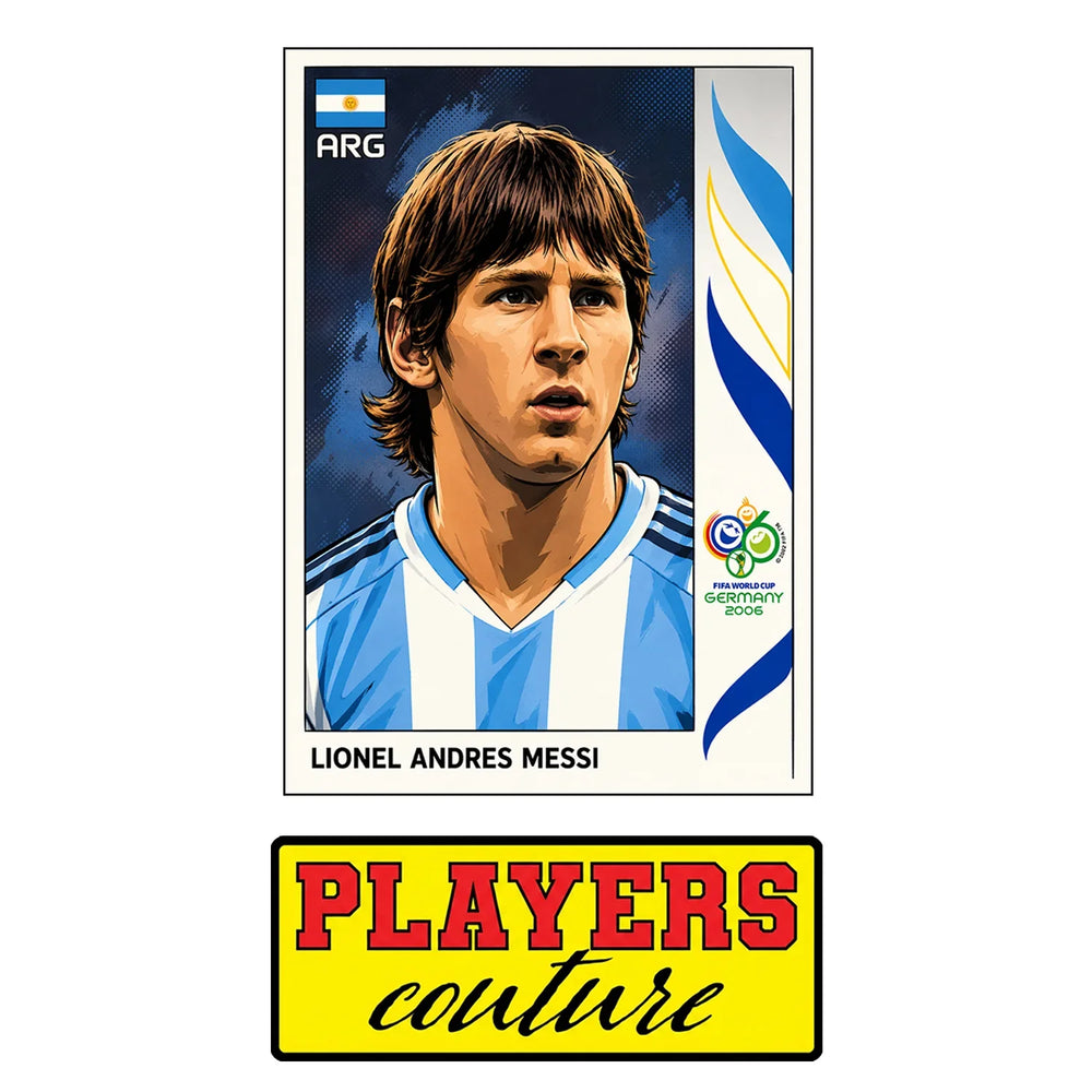 Lionel Messi 2006 World Cup Sticker Men's T-Shirt – close-up detail shot of the Lionel Messi 2006 World Cup Players Couture