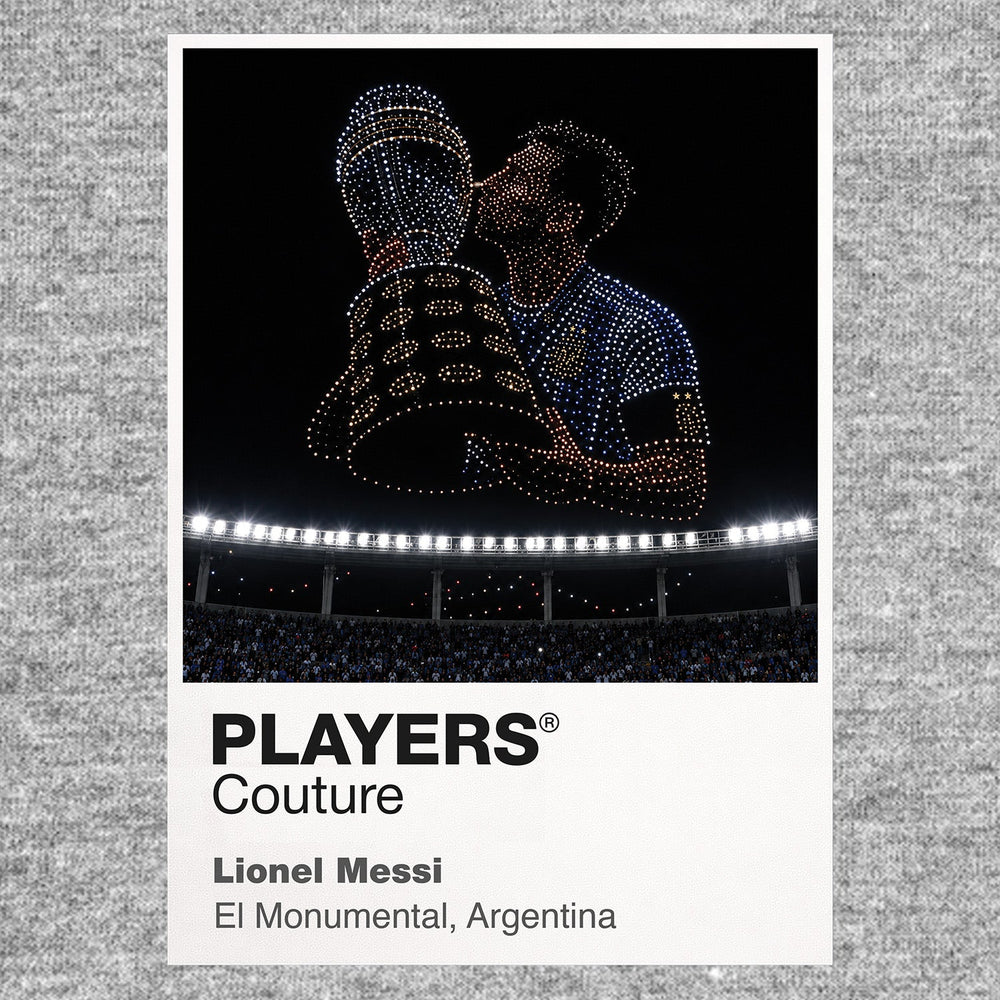Lionel Messi Argentina number 10 World Cup trophy Icons in Lights Frame artwork in grey