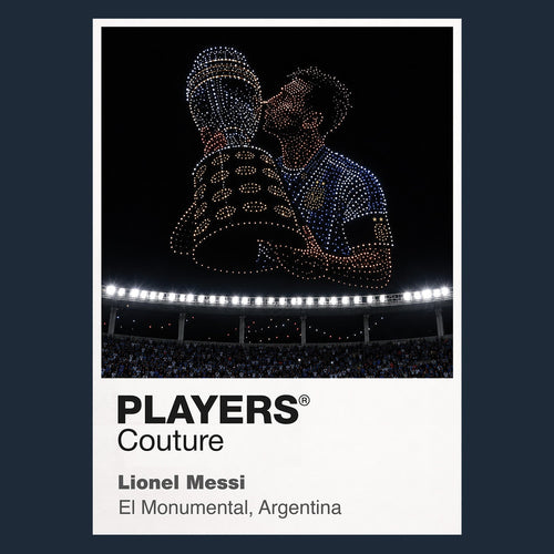 Lionel Messi Argentina number 10 World Cup trophy Icons in Lights Frame artwork in navy