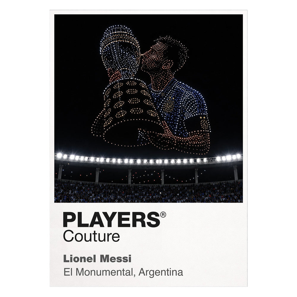 Lionel Messi Argentina number 10 World Cup trophy Icons in Lights Frame artwork in white