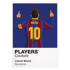 Illustration of a soccer player in a Barcelona jersey with 'Messi' and number '10', branded as 'Players Couture'.
