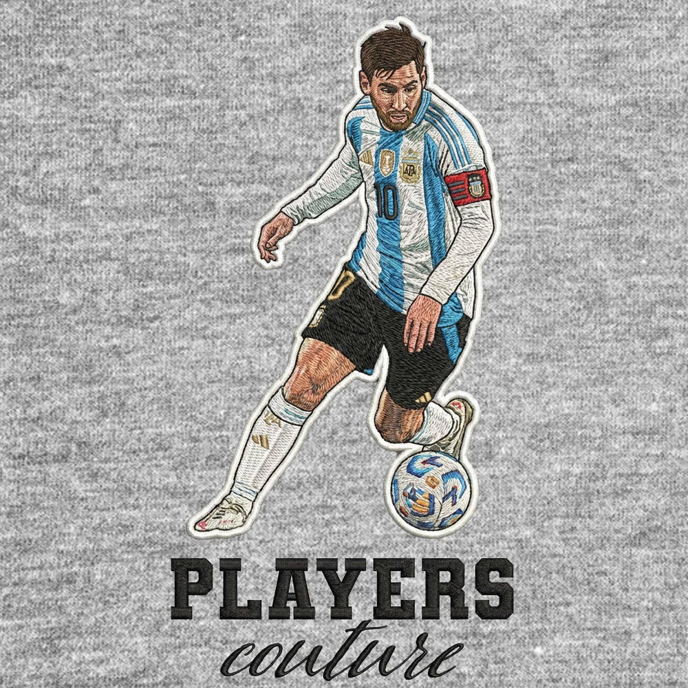 Lionel Messi Dribble Badge Men's Hoodie – grey close-up detail shot of the Lionel Messi Dribble Players Couture logo design