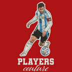 Lionel Messi Dribble Badge Men's Hoodie – red close-up detail shot of the Lionel Messi Dribble Players Couture logo design