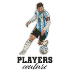 Lionel Messi Dribble Badge Men's Hoodie – white close-up detail shot of the Lionel Messi Dribble Players Couture logo design